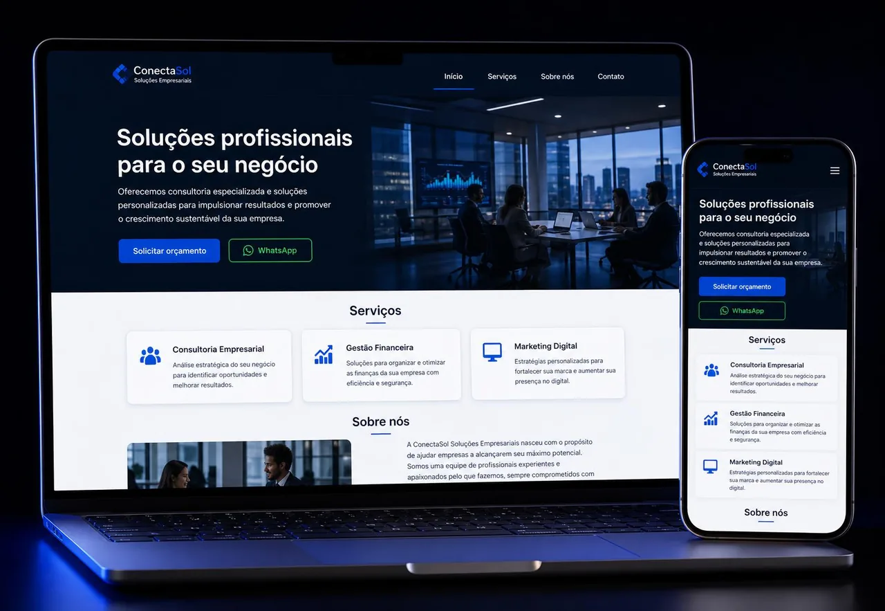 Site profissional em português exibido em notebook e celular, com botões de orçamento e WhatsApp